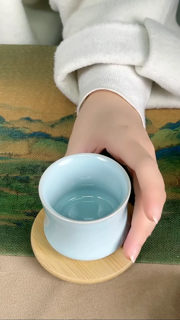 杯子瓷韩红 天青釉 束腰杯