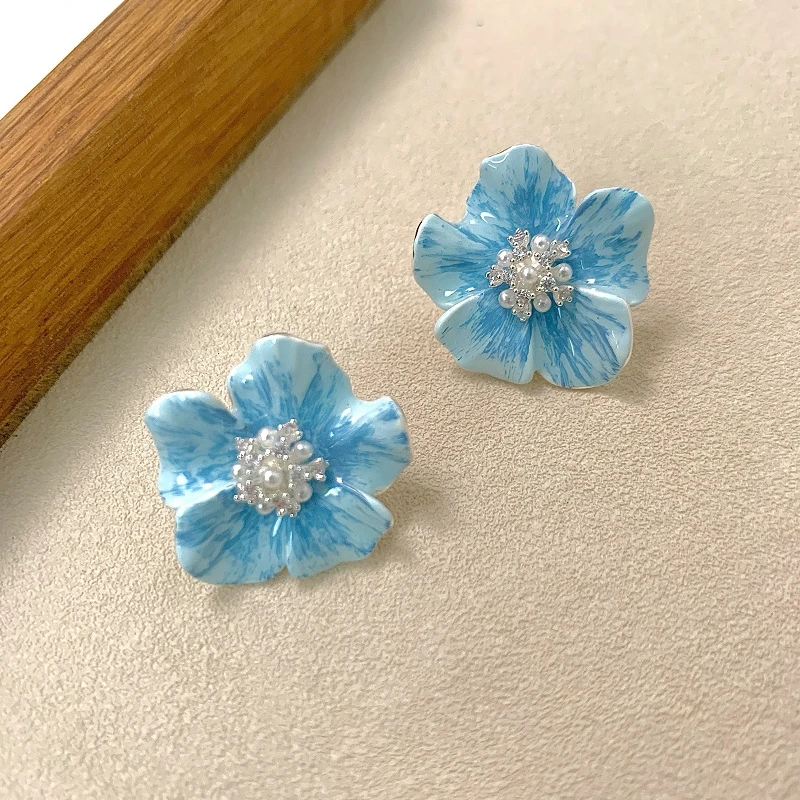 铜合金耳饰 水墨油画蓝色高级定制气质耳钉小众百搭耳饰