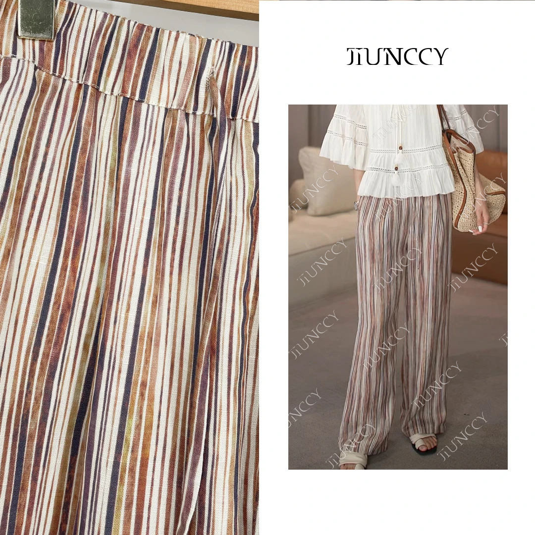 JIUNCCY【斑斓】亚麻天丝定制彩条度假风休闲宽松直筒长裤 24CK055