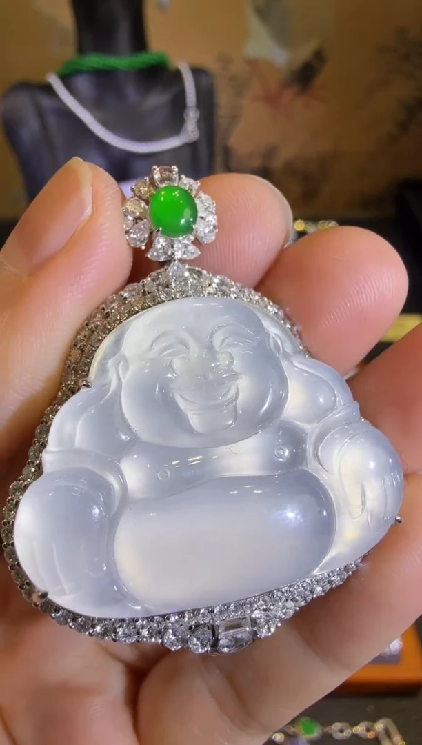 【闪购商品】翡翠吊坠(赠链)18K金镶嵌玻璃种极光白大佛公