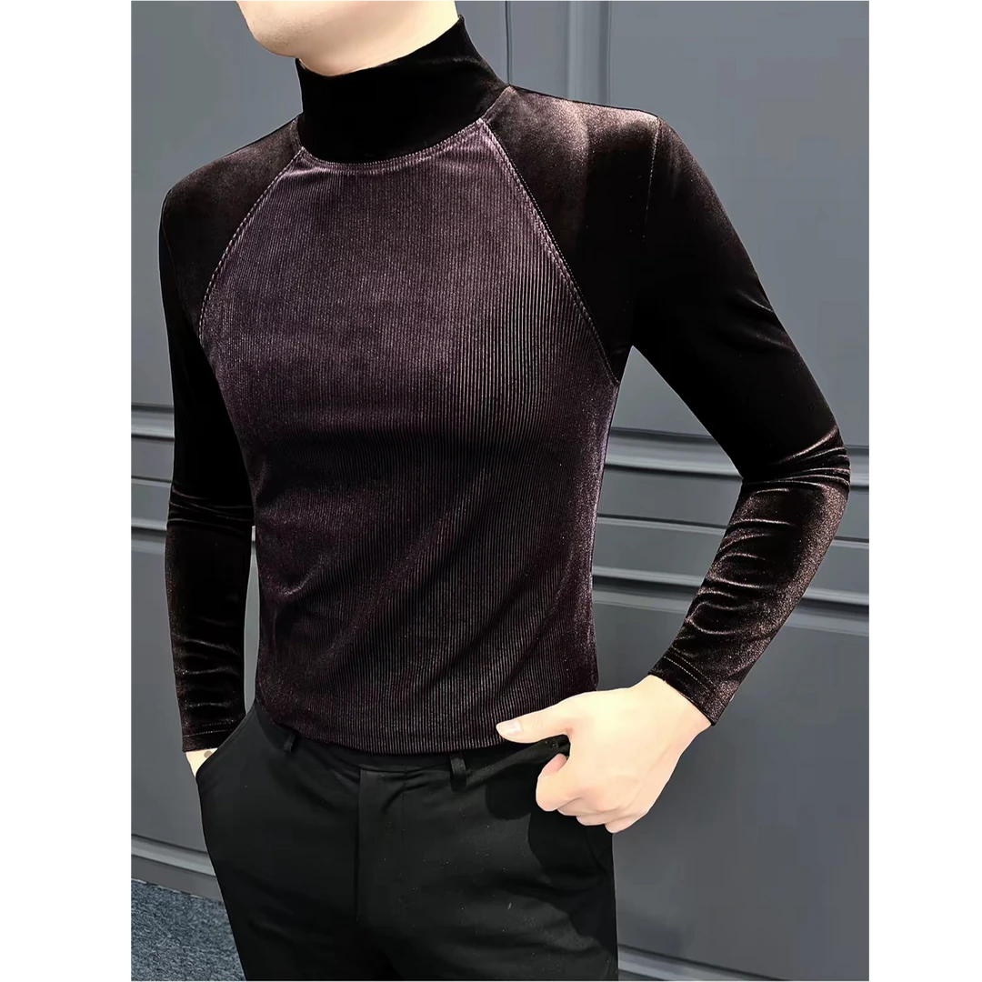 半高领丝绒拼接男士长袖t恤秋冬潮流时尚男装修身内搭男款打底衫