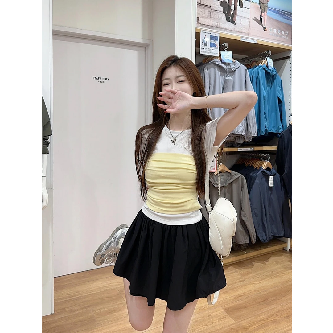 【婉如新生】复古假两件拼接正肩短袖t恤女夏季款短款修身显瘦上衣