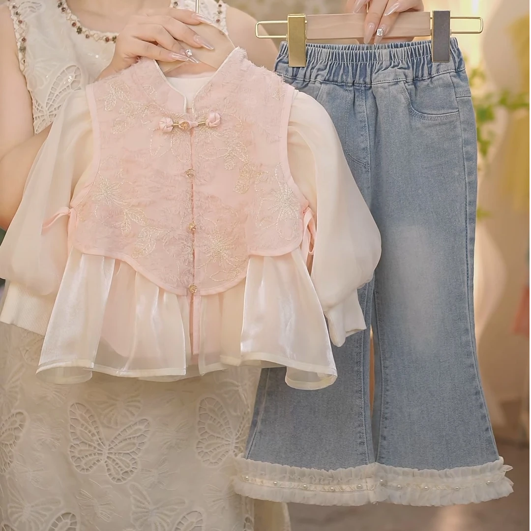 现货【倾城】SC519女童2025秋季新中式马甲牛仔裤打底衫三件套套装