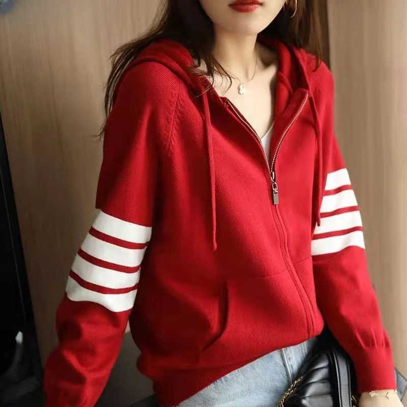 2025针织连帽开衫女春秋新款卫衣宽松百搭休闲减龄打底衫上衣外套