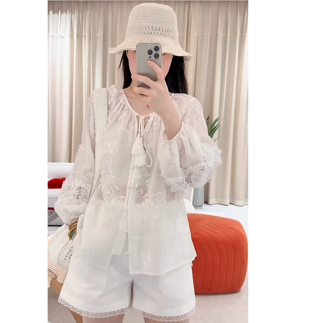 PM王囡囡 白色刺绣圆领苎麻开衫 ND1A0648