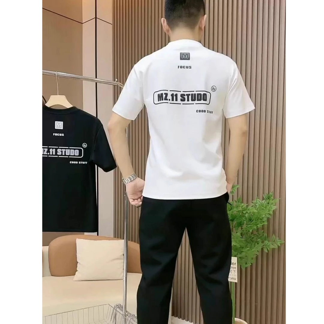 夏季新款创意字母潮流印花打底上衣男青年高端修身棉质圆领短袖潮