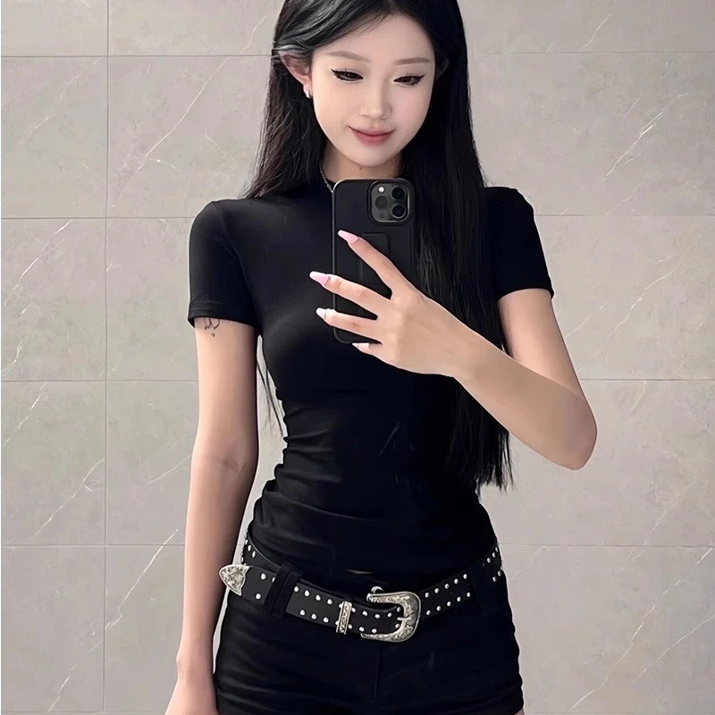 黑色正肩圆领短袖t恤女夏季新款基础款圆领百搭修身显瘦辣妹上衣