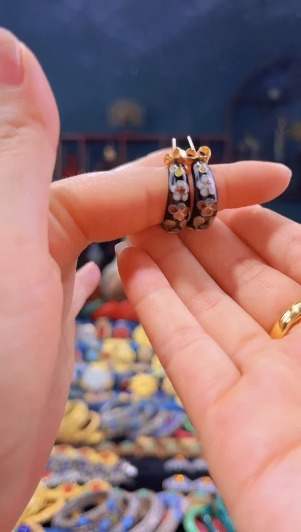 非遗技艺 景泰蓝枣珠耳环 黑