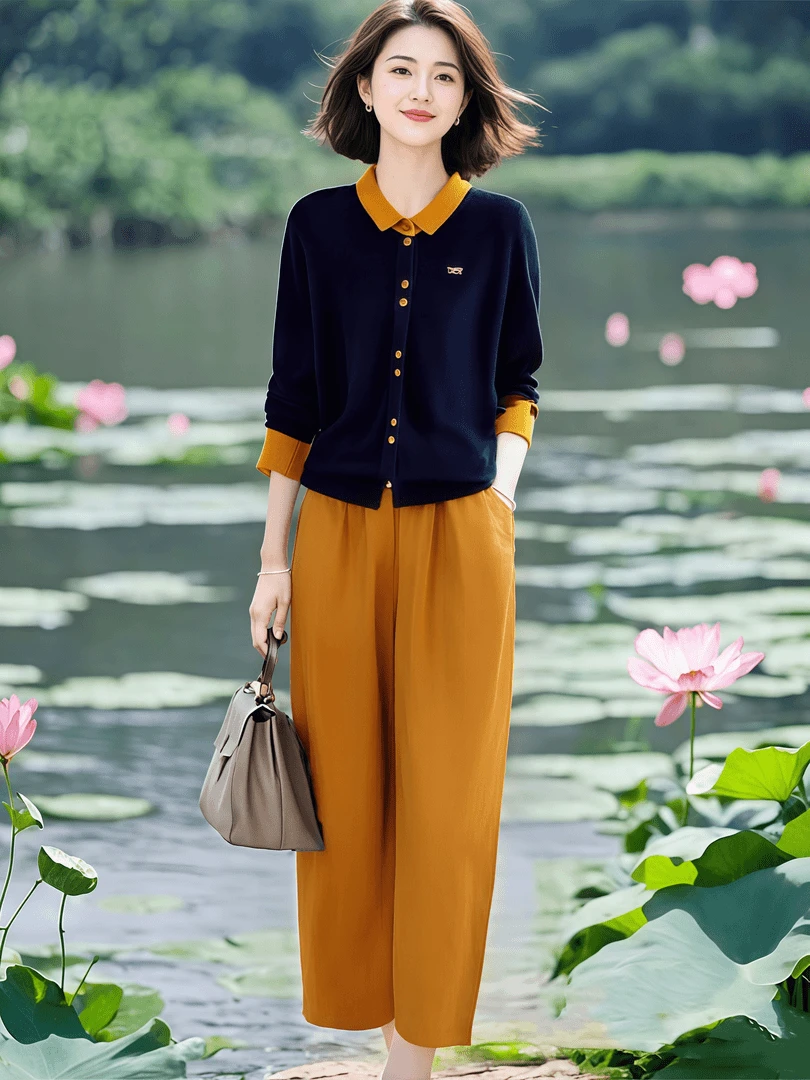 减龄休闲套装女2025秋季新款韩系撞色针织上衣+松紧腰九分裤套装