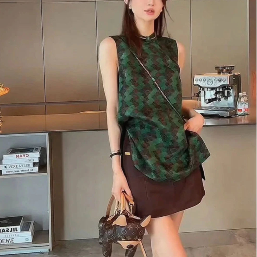新中式复古绿纹中长款马甲上衣2025新款轻奢无袖新中式国风马甲
