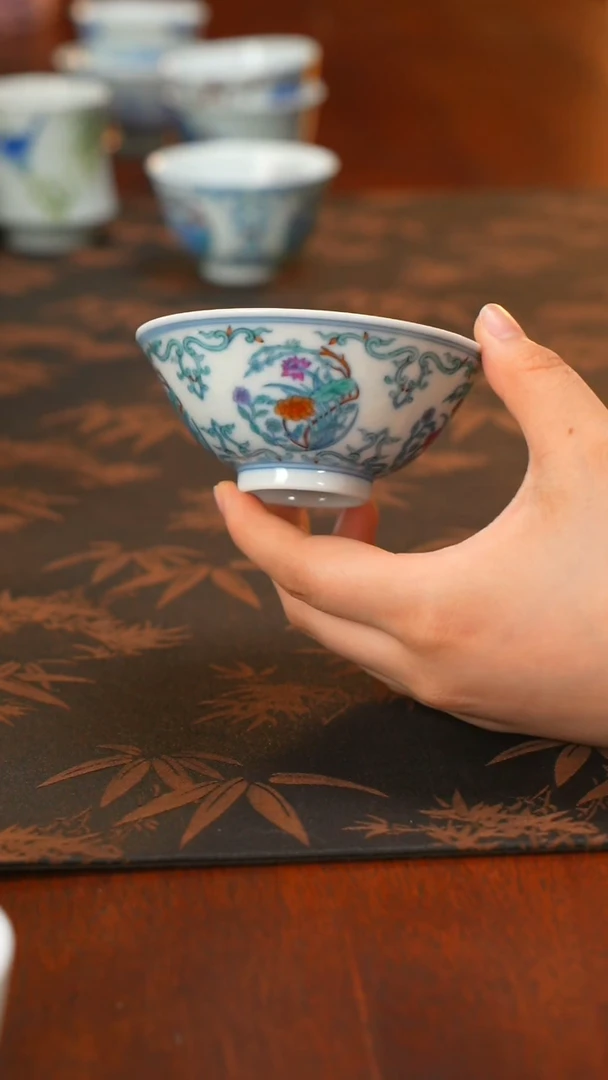 铖瓷窑柴窑斗彩团花斗笠杯