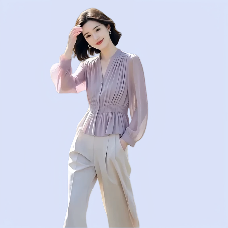 春季新款超好看紫色内搭法式衬衫+长裤高级感时尚气质两件套装女