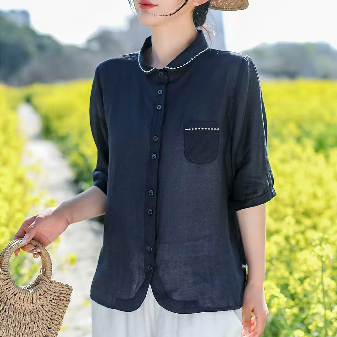 【悦兮】夏季新款文艺百搭休闲时尚气质显瘦宽松苎麻女衬衫25138