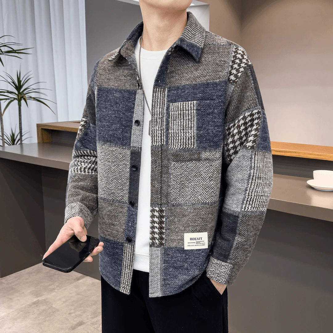 春秋季男潮流ins民族风格子衬衫复古花纹呢子衬衫翻领休闲外套男