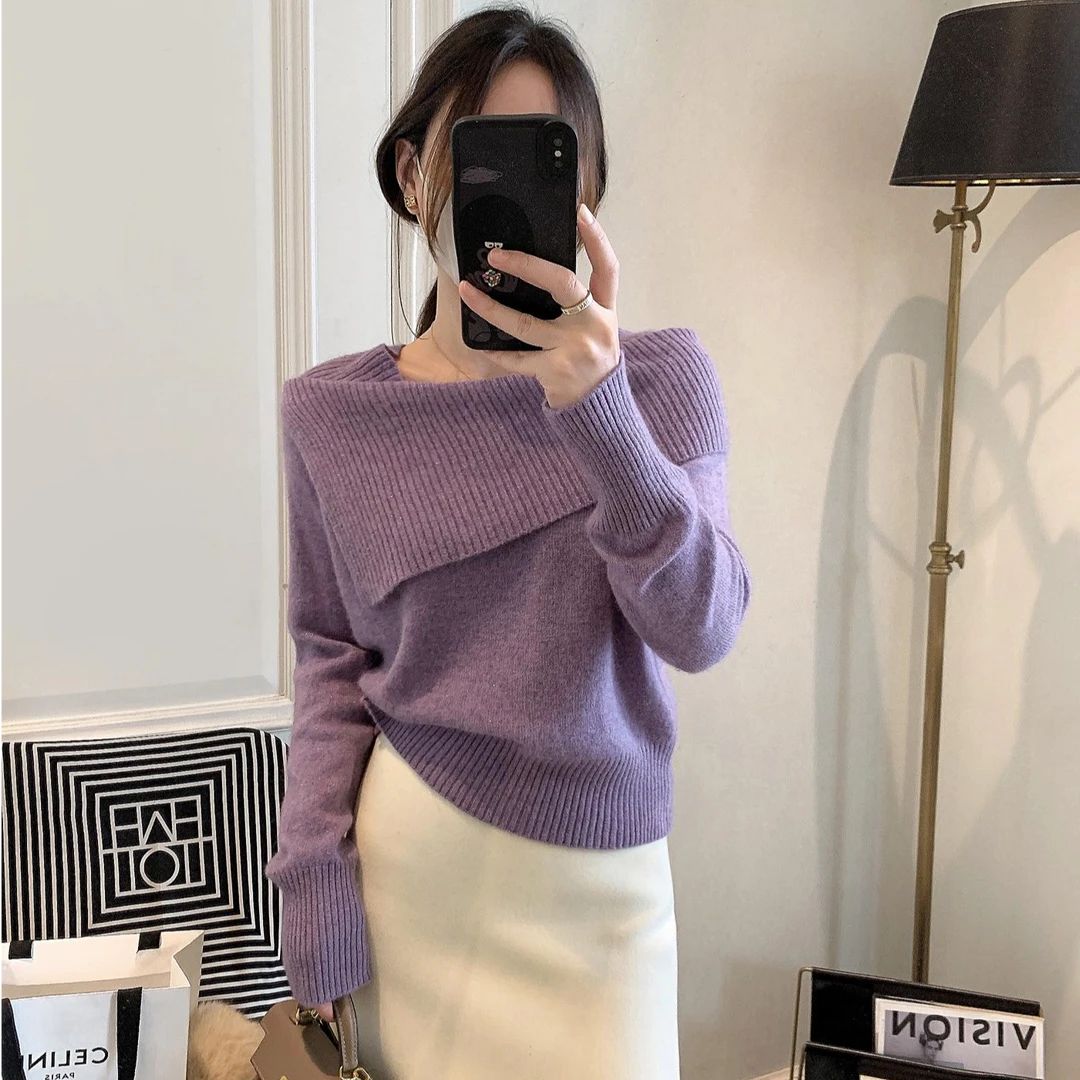 金丝羊毛针织衫女2025秋季新款女装韩版时尚一字肩翻领打底上衣女