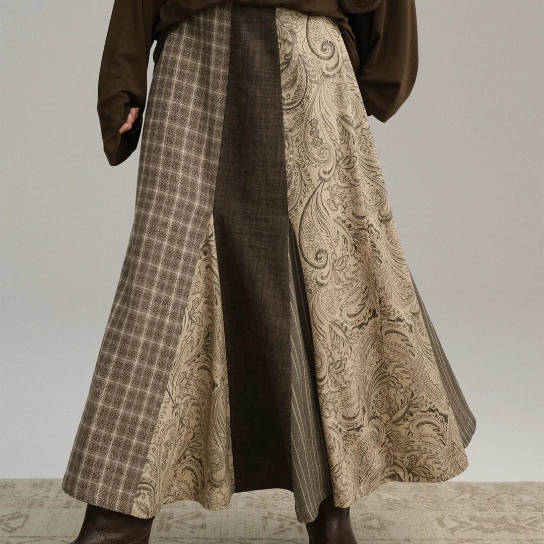 【Le Grenat】25秋冬新款老钱风拼接复古印花不规则裙摆半身裙