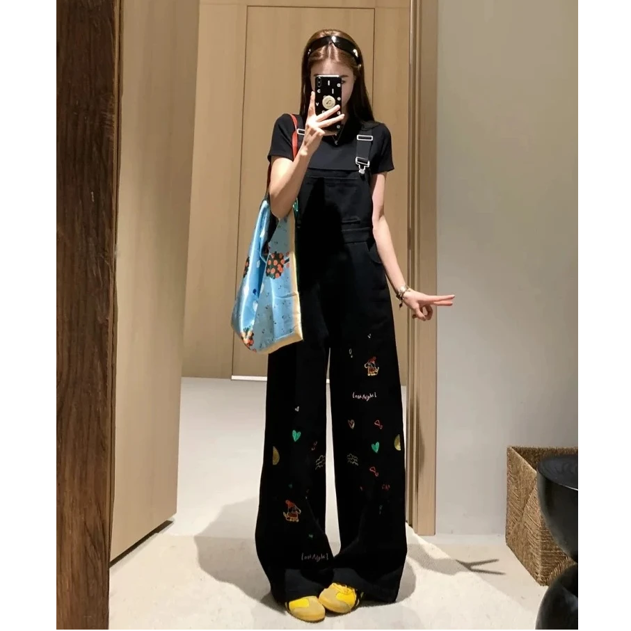 大码新款黑色绣花美式复古设计感直筒显瘦+T恤两件套