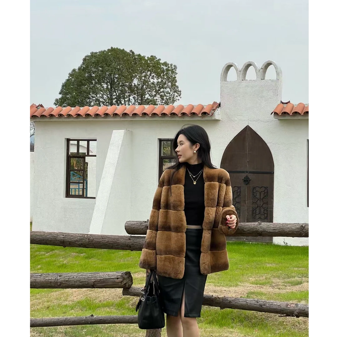 V领皮草丝绒咖啡棕色龙猫兔皮毛一体皮草外套冬季新