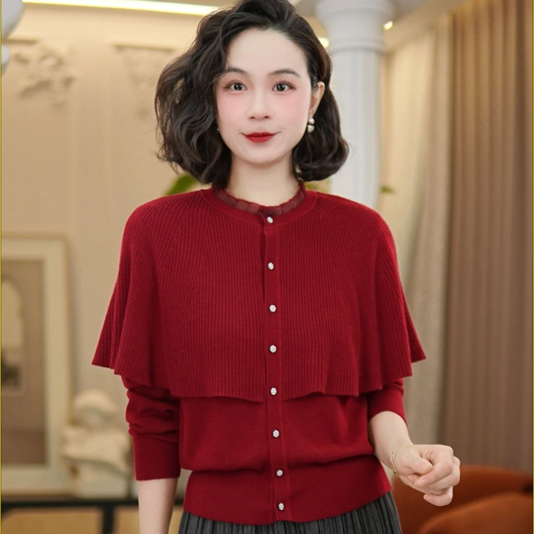 长袖小立领设计师斗篷款针织开衫春日新款#DQ7023