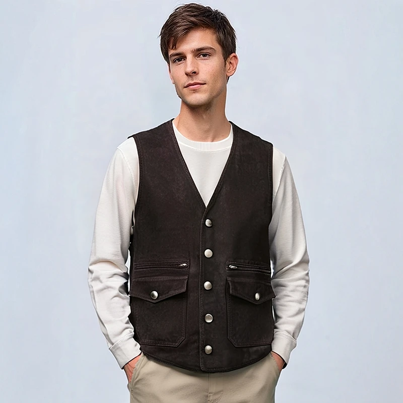MCS紧身版皮背心美式复古做旧羊皮坎肩V领男马甲秋冬款CW25WV715M