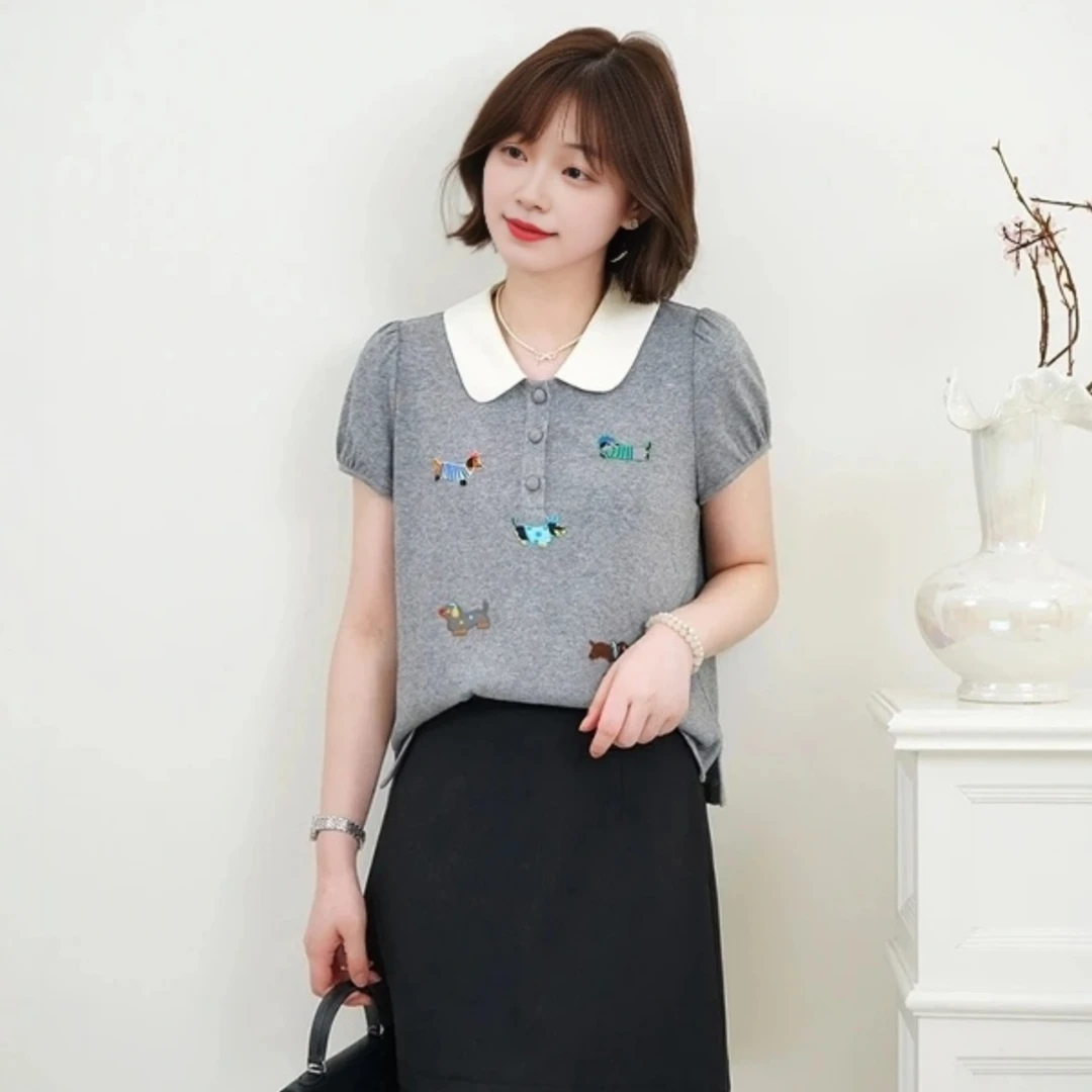 针织刺绣甜美减龄T恤女2025夏季大码胖MM百搭修身显瘦娃娃领上衣