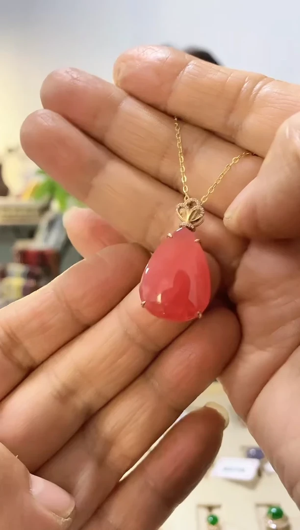 菱锰矿（红纹石）18K金镶嵌颈饰吊坠