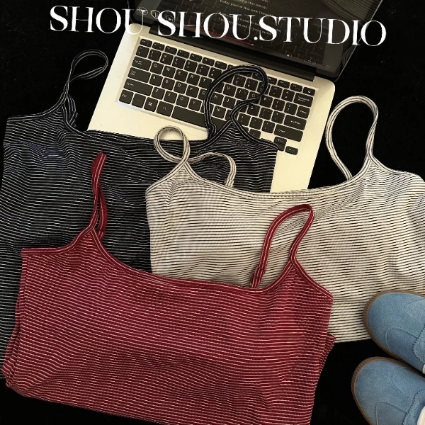 【瘦瘦】大码条纹莱赛尔自带垫垫肩带可调节亲肤柔软吊带背心S01653
