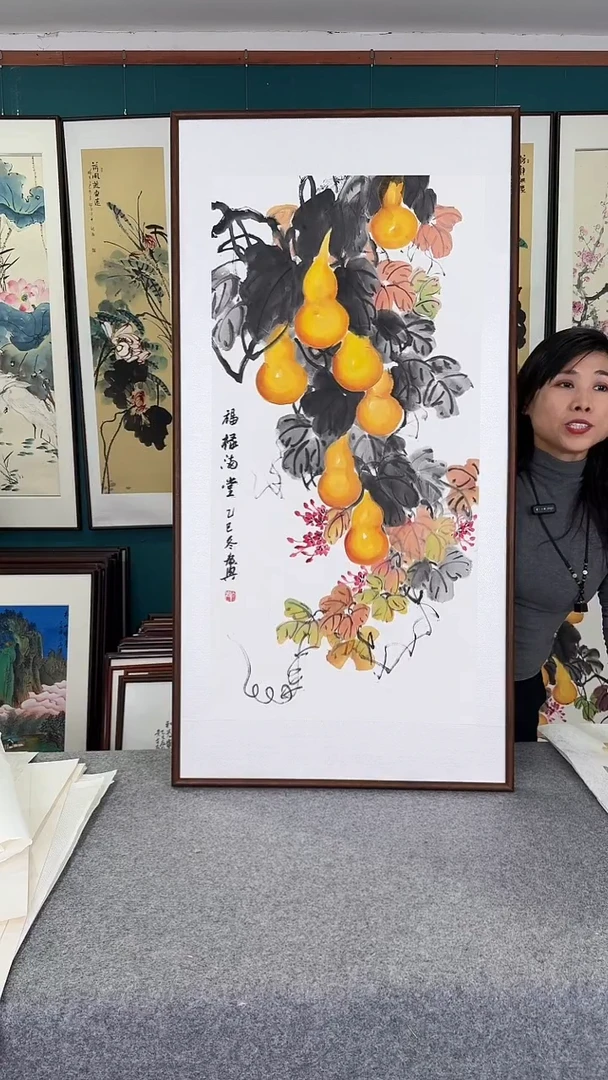 国画定制五福临门实木装裱60*120（五个葫芦）