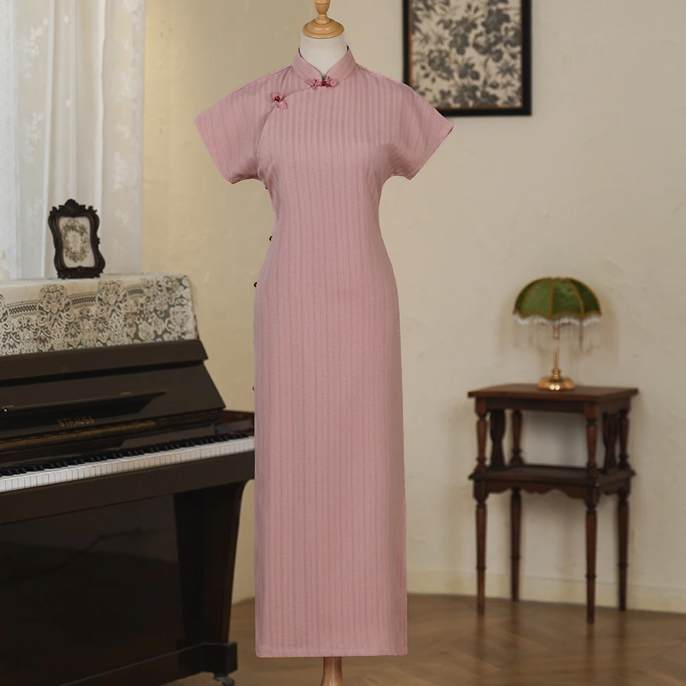 《书粉》120cm古法全开襟棉麻款红豆扣撞色压纹旗袍 民国风新中式