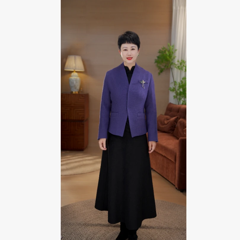 25年冬百分百绵羊毛新中式国风气质V领女款外套上衣K282