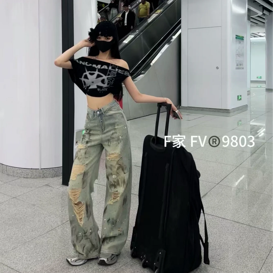 FV新款手工磨破夏季春季古着风女牛仔裤辣妹宽松高腰复古显瘦百搭