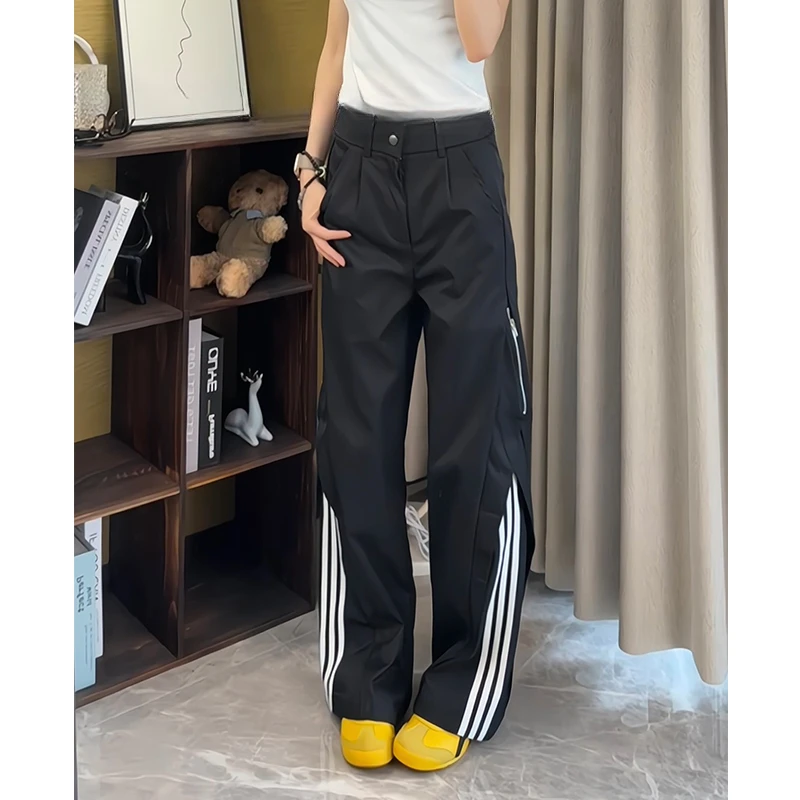 美式cleanfit穿搭条纹休闲西裤男款秋季侧边拉链设计微喇直筒裤子