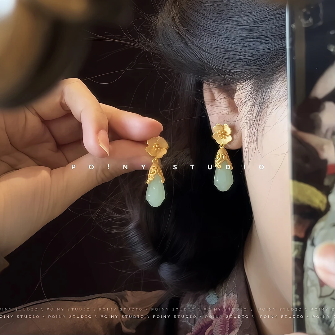 复古气质花朵耳钉女水滴耳坠高级感古风精致国风汉服耳环耳饰新款