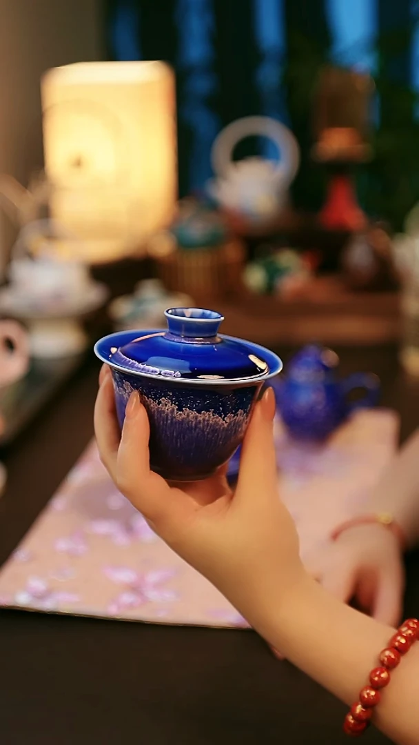 青云茶斋陶瓷茶具楚门窑变冰晶蓝盖碗