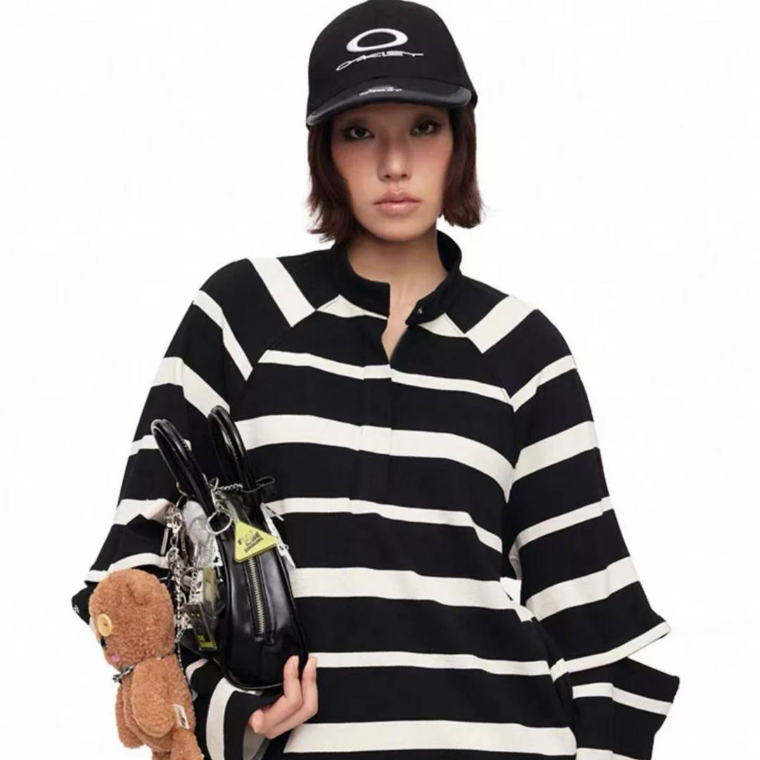 【奥体自播】OK 黑白条纹立领可脱卸袖子上衣