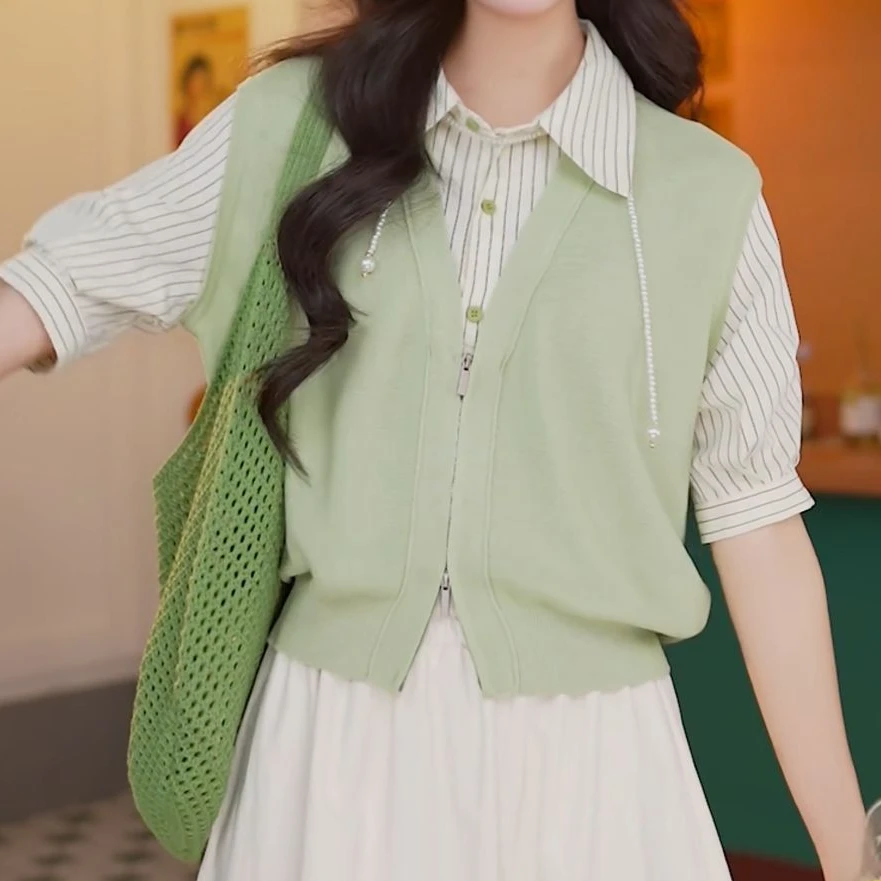 余紫绮【念春】气质通勤假两件短袖女宽松休闲上衣ZS1113245