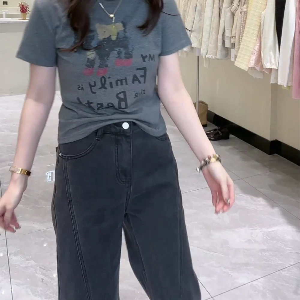 2025夏季撞色印花灰色t恤短袖显瘦休闲上衣圆领时尚百搭t