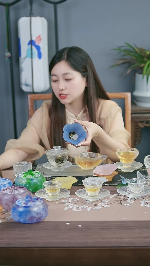 茶盏古法琉璃蓝色花瓣蝴蝶雕花磨砂造型茶漏