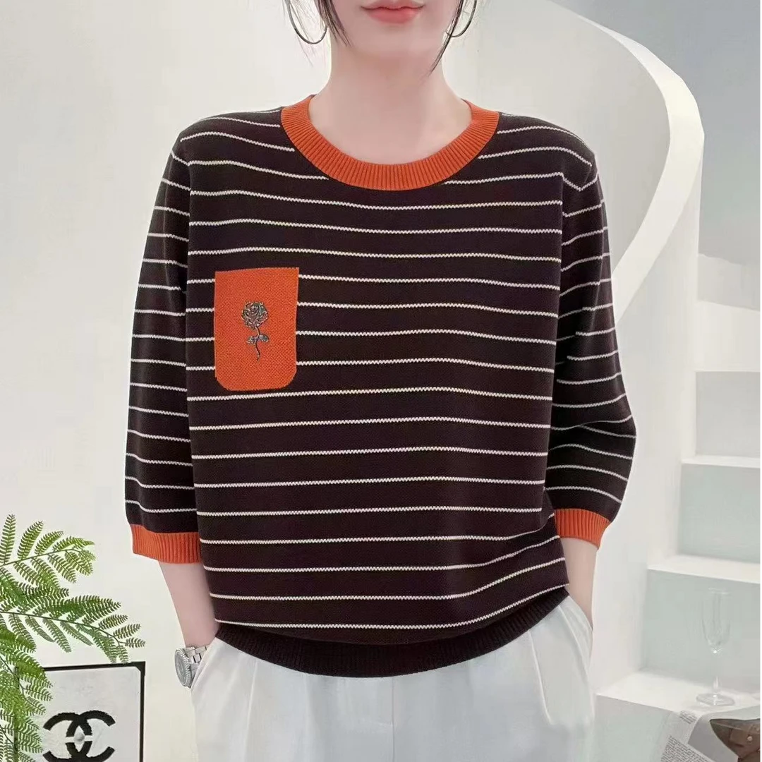 休闲条纹压鉆女针织衫七分袖洋气内搭外穿春夏秋季新款6676
