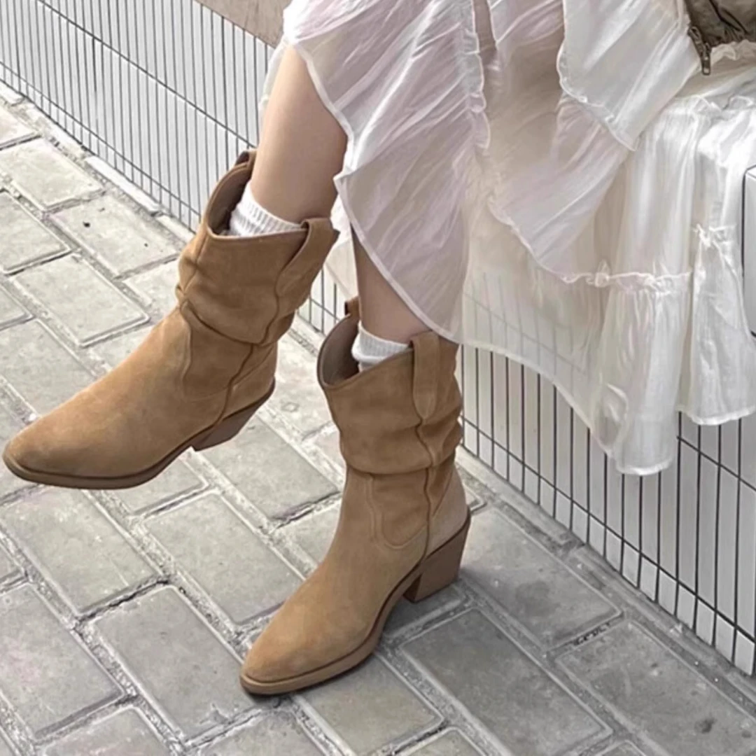 赵露思同款尖头堆堆靴短靴子高跟复古西部骑士靴V口中筒靴粗跟