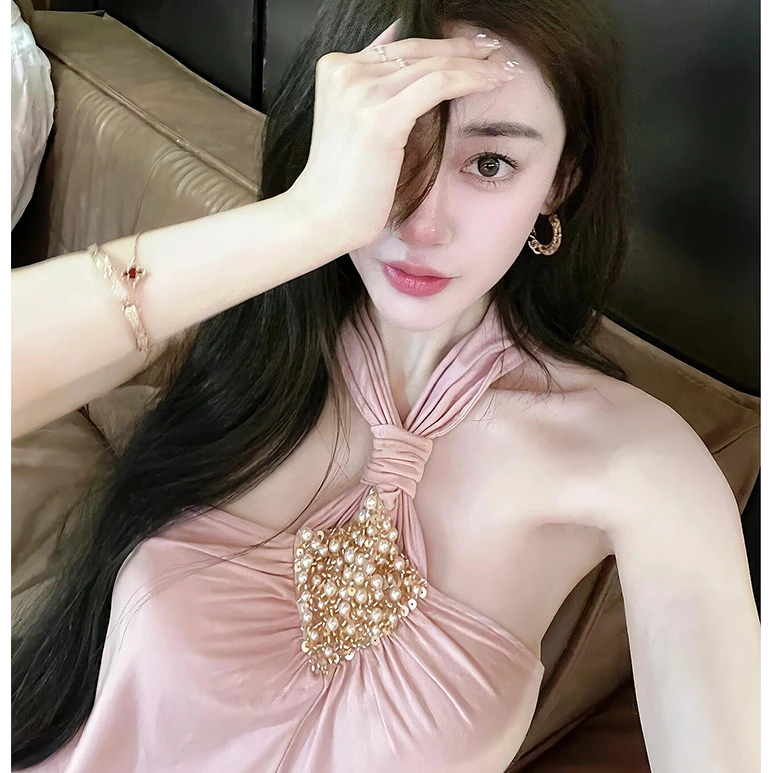 泰式小吊带外穿背心女2024新款高级感气质性感风重工钉珠挂脖上衣