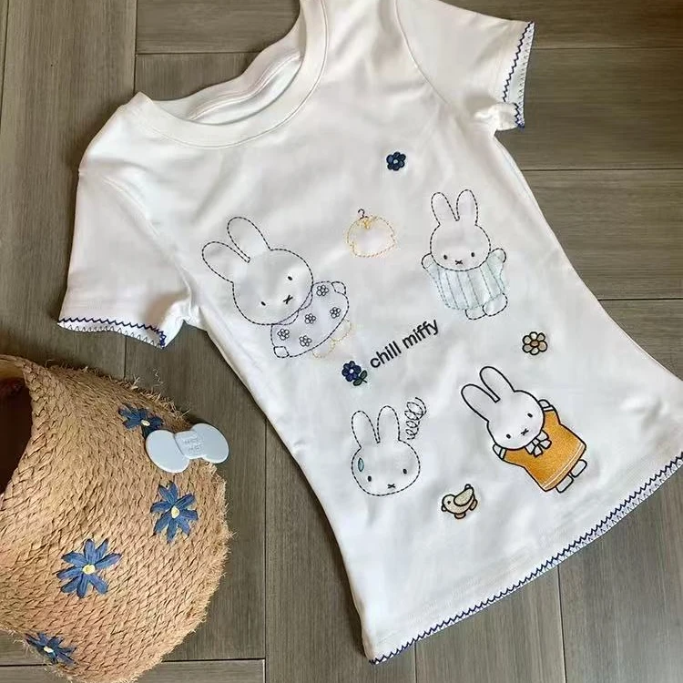 DXSE卡通米菲兔刺绣正肩修身短袖t恤女夏季修身显瘦百搭短款上衣