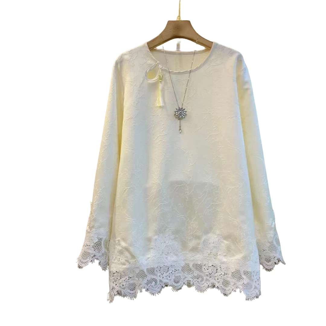 气质复古国风圆领拼接蕾丝花边宽松百搭上衣（长73左右）