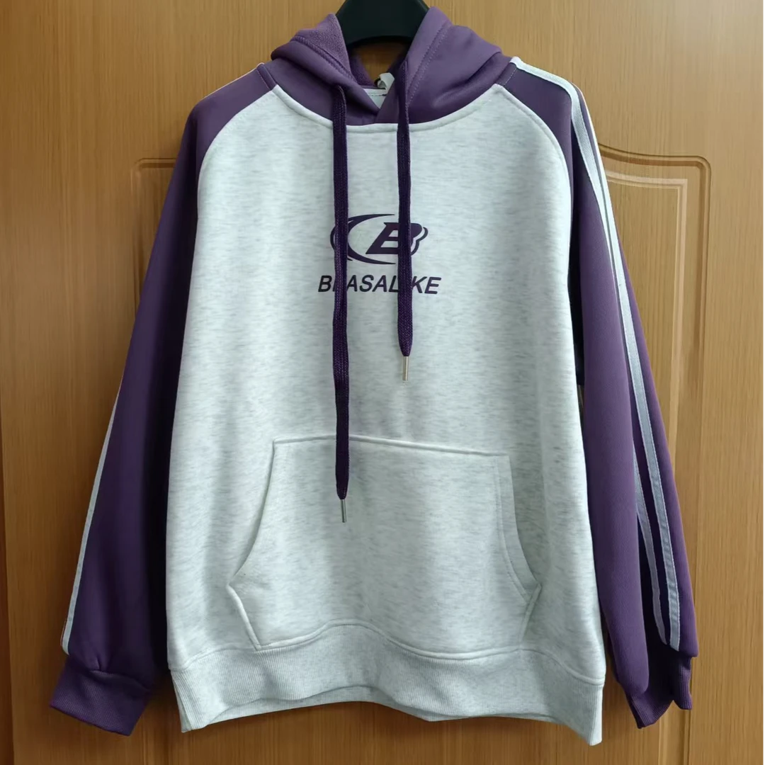 撞色插肩袖连帽卫衣情侣款加绒加厚条纹宽松慵懒上衣7856（C9-2）