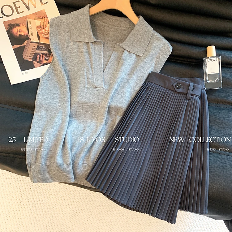 夏季2025新款通勤小香风小众洋气灰色Polo领针织无袖衬衫背心上衣