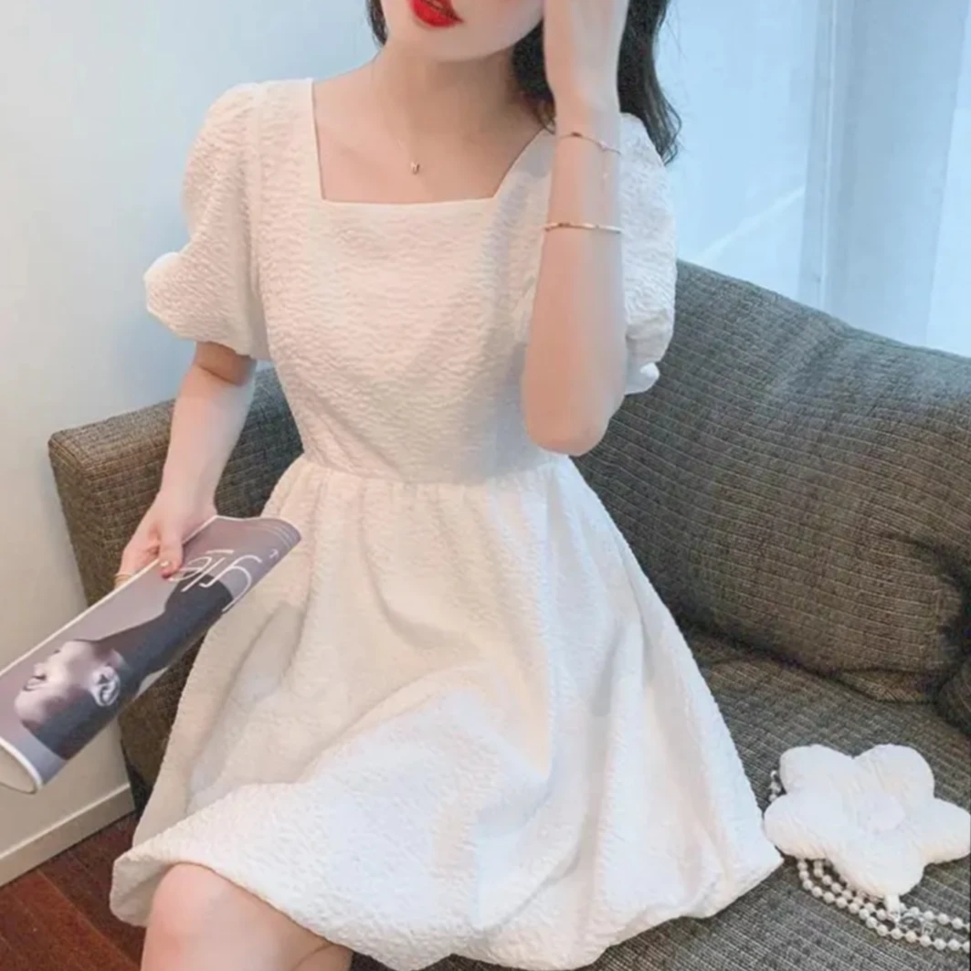 法式方领泡泡袖气质显瘦蓬蓬裙女收腰显瘦连衣裙6003（C4-12）