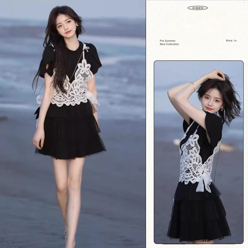 甜美复古珍珠蕾丝吊带叠穿T恤设计感网纱蛋糕裙夏季显瘦短裙套装