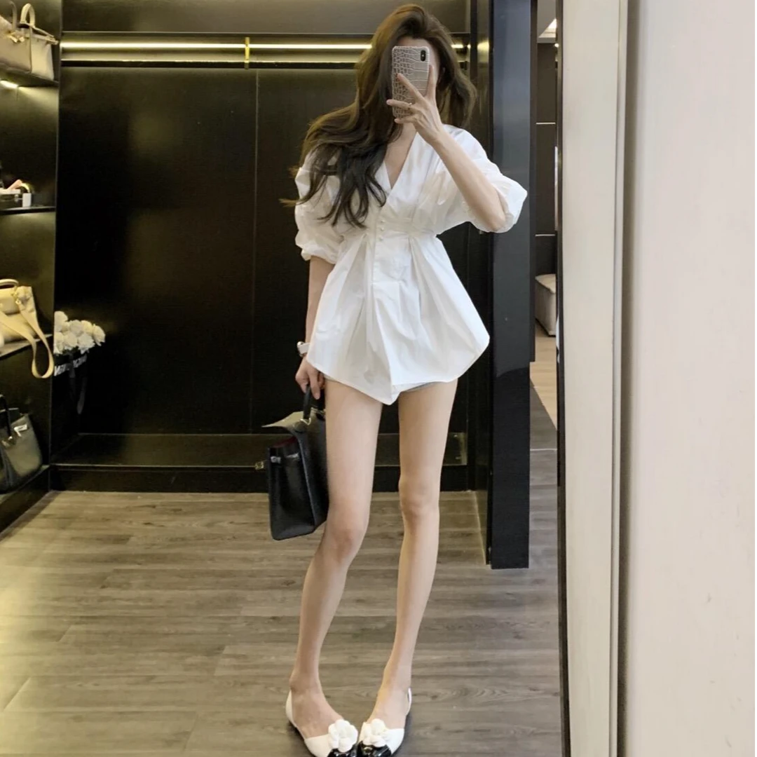 韩版七分袖白色衬衫女秋季2025新款高级感气质收腰显瘦泡泡袖上衣