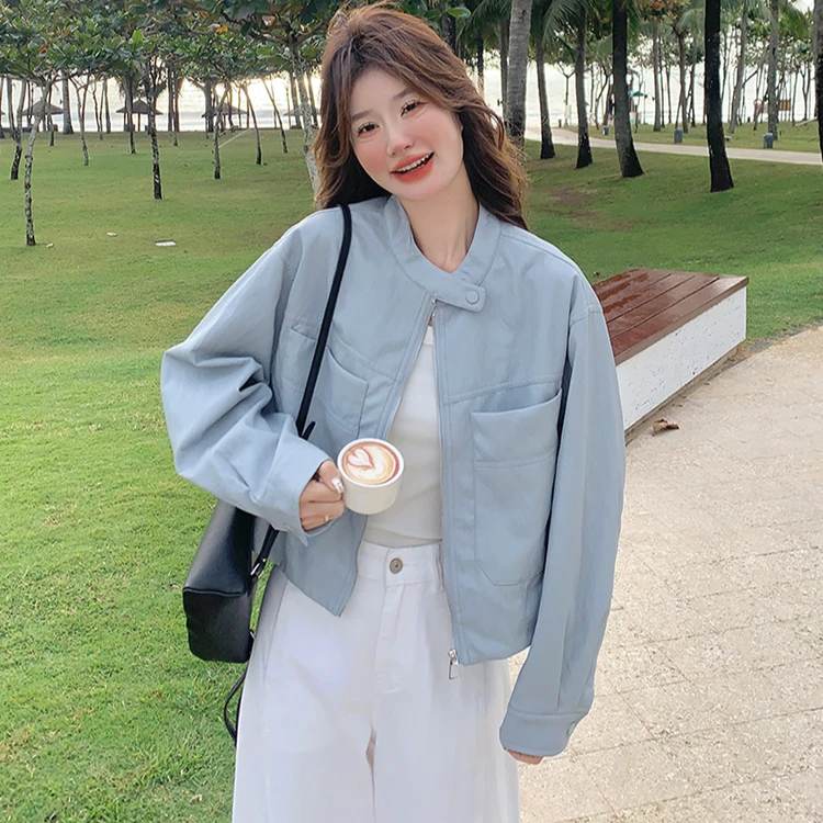 蓝色PU皮衣外套女春秋款2025新款机车服短款皮夹克小个子炸街上衣