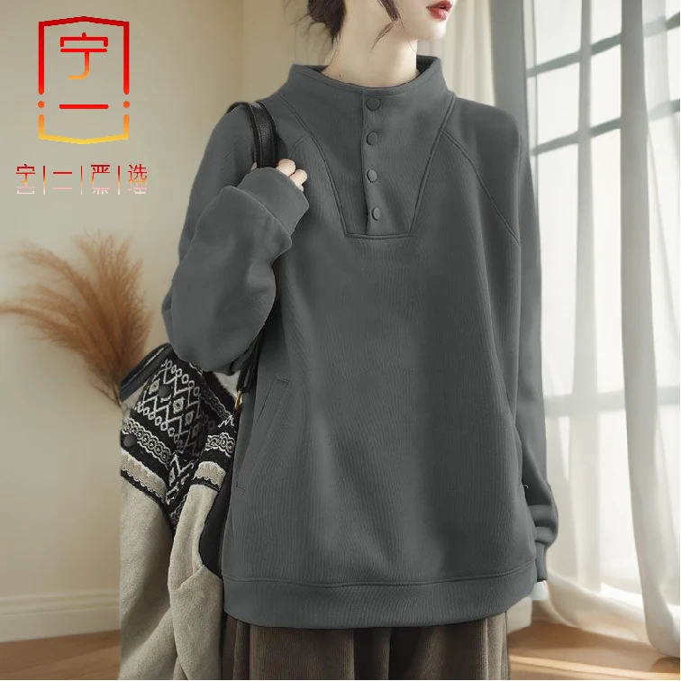 【宁一女装】纯棉半高领长袖上衣大码宽松显瘦印花打底衫秋冬款套头